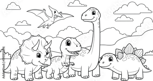 Charming cartoon dinosaurs in a playful landscape with clouds and foliage
