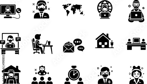 Remote Work and Global Customer Support Glyph Icon Set