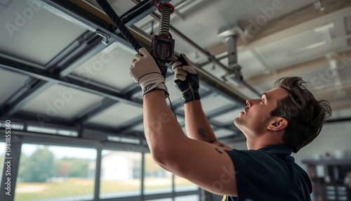 A focused male technician wearing protective gloves meticulously works on the spring system of an overhead garage door.