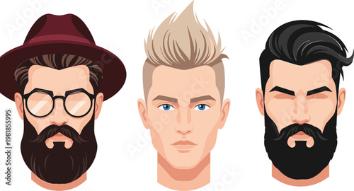 Stylish Men's Beard and Hairstyle Icon Set Featuring Various Haircuts, Beards, and Accessories for Fashion, Grooming, and Personal Care Illustrations