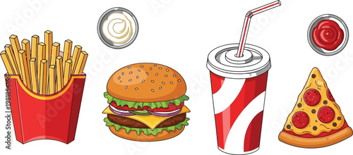 Classic fast food meal illustration featuring a burger, fries, drink, and pizza slice Vector