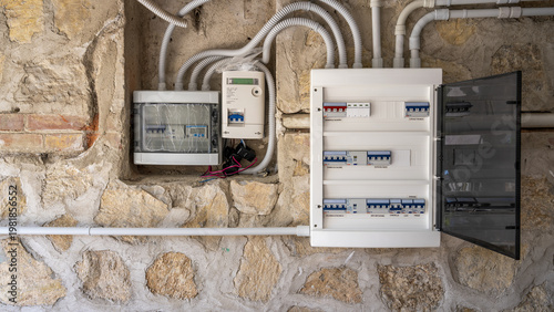 Quadro su tela Detailed view of home electrical control panel during maintenance or installatio