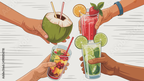 Hands holding tropical drinks and coconut with tropical cocktail refreshments beverages celebration strawberry gathering relaxation hydration refreshing clinking vacation outdoors