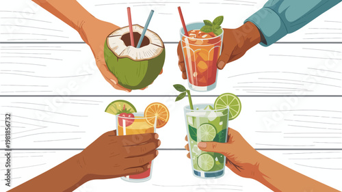 Group toasting with tropical drinks and coconut toasting tropical cocktail refreshments beverages celebration gathering relaxation hydration refreshing clinking vacation outdoors