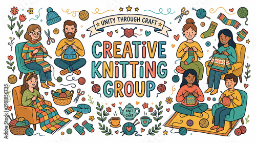 Diverse Group Knitting Together, Unity Through Craft