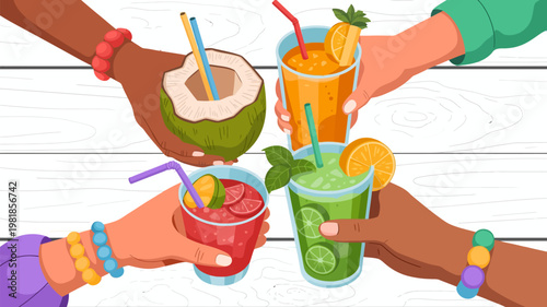 Four hands holding colorful refreshing drinks and a coconut in a celebratory toast with non alcoholic celebration cocktail refreshment tropical beverage colorful gathering relaxation vacation