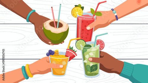 Friends toasting with diverse refreshing drinks and a whole coconut on a wooden table non alcoholic cocktail refreshment tropical beverage colorful gathering relaxation vacation appetite