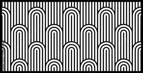 Black and white vector design for laser cutting or CNC. Featuring a rhythmic Art Deco arch and line pattern, perfect for privacy screens, room dividers, and decorative metal or wood panels.