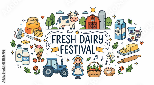 Fresh Dairy Festival Illustration: Cow, Farm, Milk, Cheese, Food