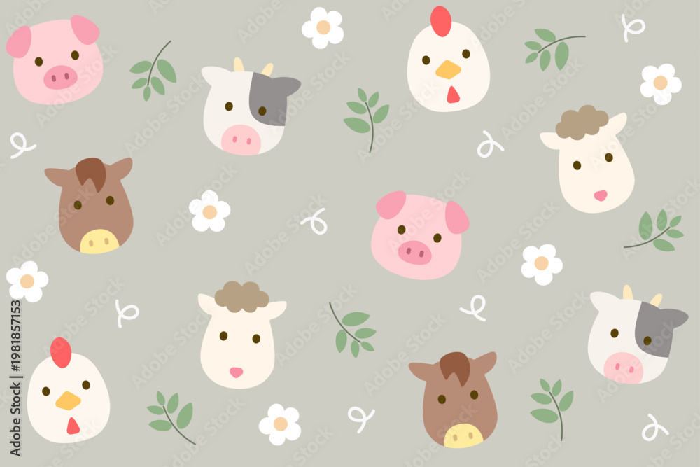 Fototapeta premium Farm animals seamless pattern. Cute faces of chicken, horse, cow, pig, sheep with leaves and flowers on light pastel background. Playful rural theme. Seamless vector pattern.