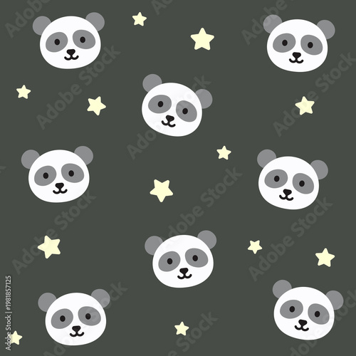 Panda face and star seamless pattern. Cute panda heads with stars on dark grey background. Playful animal theme. Seamless vector pattern.