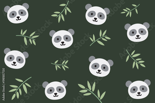 Panda face and bamboo seamless pattern. Cute panda heads with bamboo leaves on dark green background. Playful wildlife theme. Seamless vector pattern.