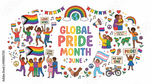 Global Pride Month June LGBTQ+ Celebration Diverse People Flags