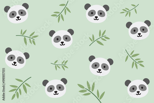 Panda face and bamboo seamless pattern. Adorable panda faces with bamboo leaves on pastel green background. Soft nature style. Seamless vector pattern.