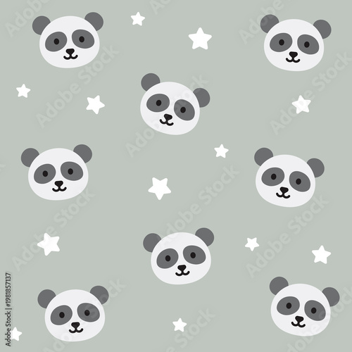 Panda face and star seamless pattern. Adorable panda faces with stars on pastel grey background. Soft cute style. Seamless vector pattern.