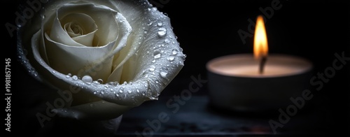 Elegant white rose with water droplets and candle light against a dark backdrop