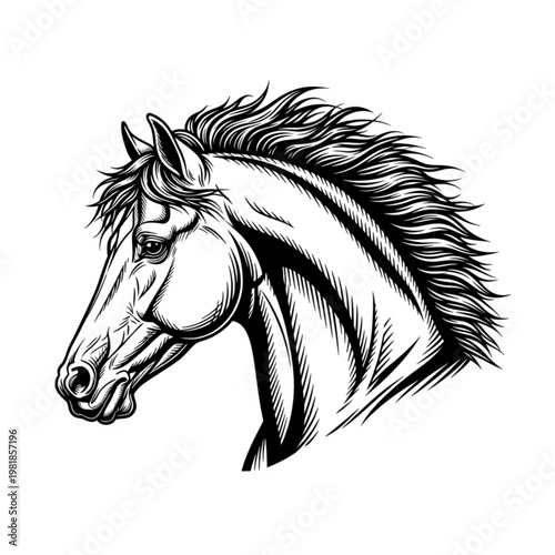 A black and white vector illustration of a horse's head with a flowing mane