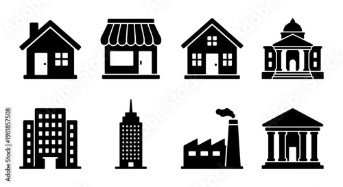 Minimalist building icons set, black silhouette real estate symbols, collection of 8 vector architecture elements for city maps and web design