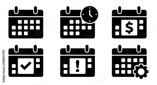 Calendar icon set with 6 vector elements, business schedule symbols for planning and deadlines, black minimalist organizer icons for web design