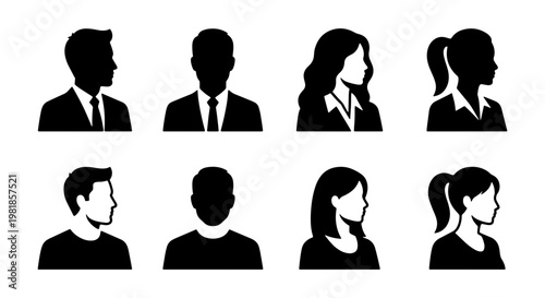 Professional business avatar silhouettes, set of 8 diverse male and female profile icons, corporate employee headshot symbols for web and UI design