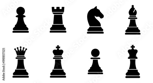 Minimalist chess piece icons set, black silhouette chess symbols on white background, professional strategy game vector elements for web design