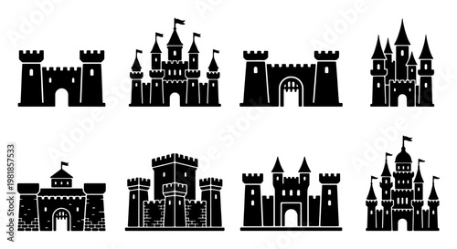 Medieval castle silhouette icons set, black fortress and palace vector elements, 8 fairy tale kingdom architecture symbols for gaming and design