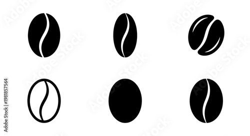 Minimalist coffee bean icons set, black roasted coffee seed vector illustrations, simple organic bean silhouettes for cafe branding and menu design