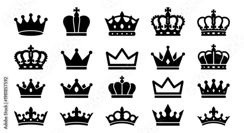 Royal crown silhouettes collection, 20 black imperial tiara icons, vintage heraldic king and queen headwear symbols, elegant monarch coronet vector set