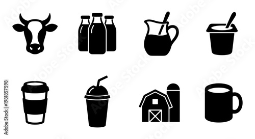 Dairy farm icon set with 8 black vector elements, milk bottle and cow head symbols, yogurt and farm barn graphics for food packaging