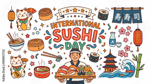 International Sushi Day Illustration: Chef, Sushi, Ramen, Japanese Culture