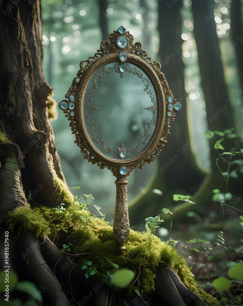 Fototapeta premium Victorian Style Hand Mirror with Ornate Gold Carving and Gemstones