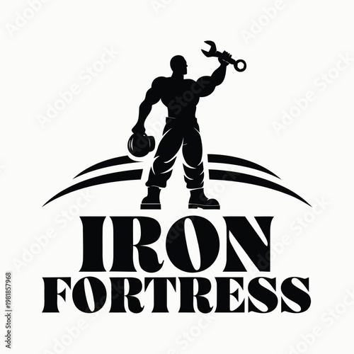 Muscular silhouette man holding wrench and helmet with text Iron Fortress logo strong