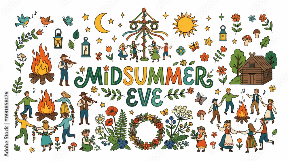 Fototapeta premium Midsummer Eve Celebration with Dancing and Bonfires