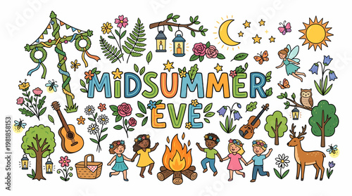 Midsummer Eve Celebration: Dancing, Bonfire, Nature, Fairy Tale Elements