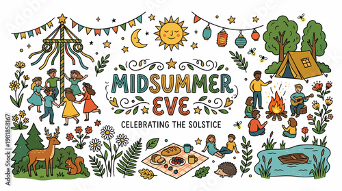 Midsummer Eve Celebration: People Dancing, Campfire, Nature
