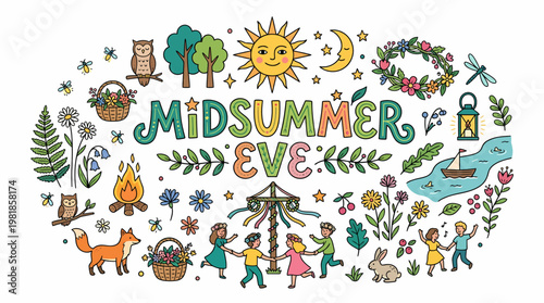 Midsummer Eve Celebration with Children Dancing Around Maypole