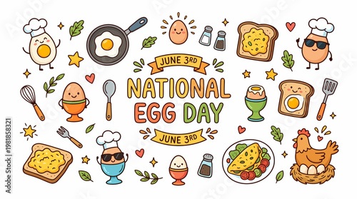 National Egg Day June 3rd Cute Cartoon Food Illustration