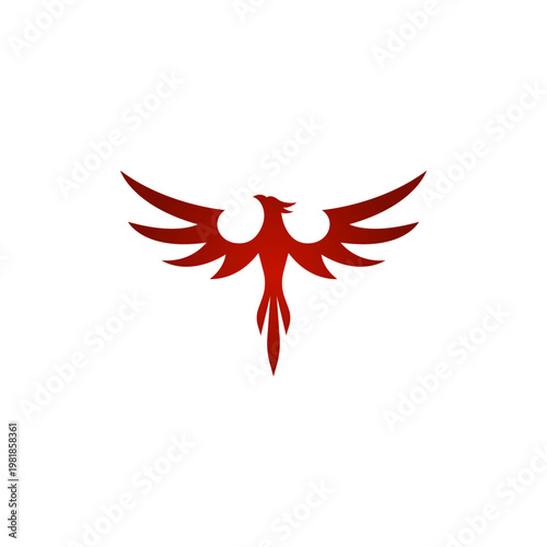 Phoenix spread wings logo. Fiery red phoenix flying high up in the sky, wings wide spread graphic illustration icon design