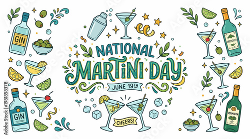 National Martini Day Celebration with Cocktails and Gin Bottles