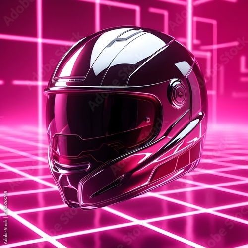 Futuristic Chrome Helmet with Neon Pink Grid Cyberpunk Digital Background