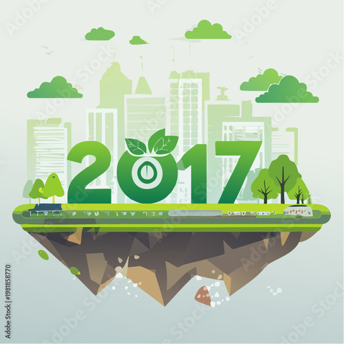Eco-Friendly Transportation System on Floating Island with Green City and 2017 Year Illustration