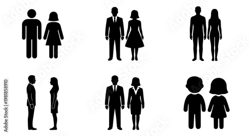 Minimalist people silhouette icons, black man and woman restroom symbols, 6 pairs of human figure vector elements for signage and wayfinding