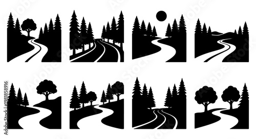 Winding road silhouette icons, forest landscape path vector set, 8 nature trail and highway symbols, black and white outdoor scenery graphics