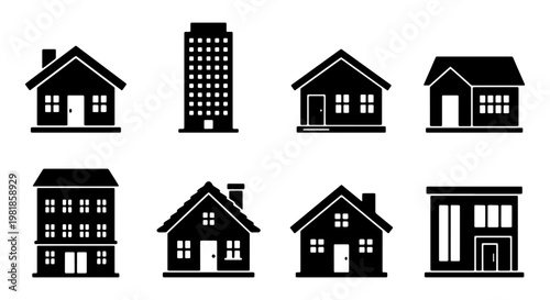 Minimalist house icon set, black silhouette building symbols, collection of 8 residential and commercial property vectors for real estate maps