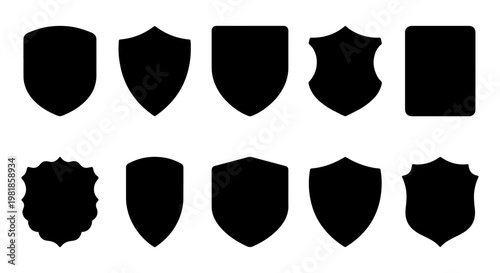 Shield silhouette icon set, 10 black heraldic crest shapes, security and protection badge vectors, minimalist emblem frames for logo design