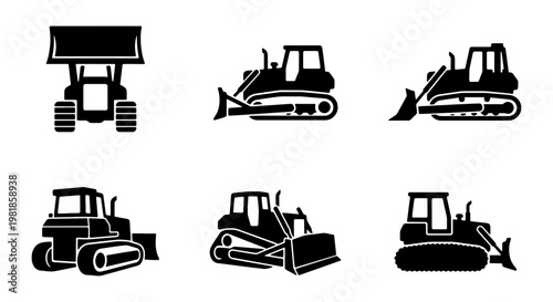 Heavy construction bulldozer vector icons set, industrial crawler tractor silhouettes, black earth moving machinery for civil engineering projects