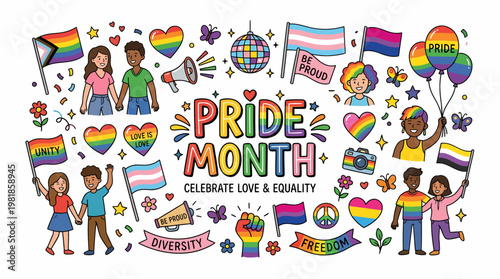 Pride Month Celebration with Diverse People and Symbols