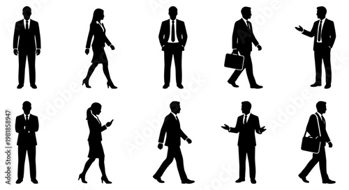 Professional business people silhouettes set, 10 corporate office worker figures in suits, black vector icons of businessmen and businesswomen