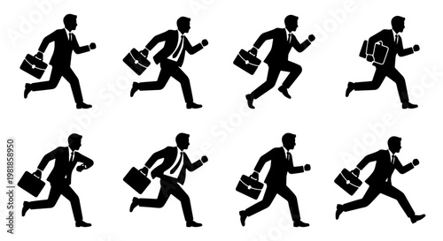 Businessman running silhouette set, professional man in suit with briefcase rushing to work, 8 black vector icons of male office worker in hurry