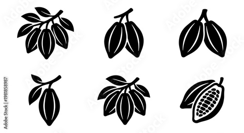 Cocoa bean vector icon set, black chocolate fruit silhouettes with leaves, 6 organic cacao pod illustrations for food packaging and logo design